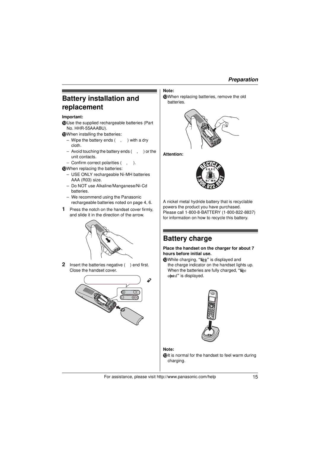 Panasonic KXTG9391T, KX-TG9391T, KX-TG9392 operating instructions Battery installation and replacement, Battery charge 