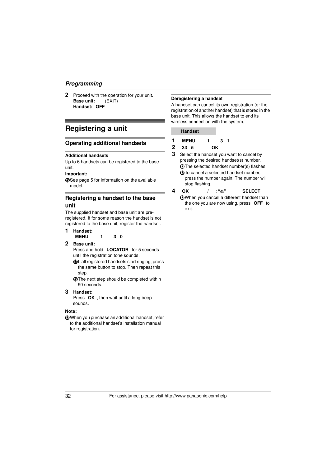 Panasonic KX-TG9391T, KX-TG9392 Registering a unit, Operating additional handsets, Registering a handset to the base unit 