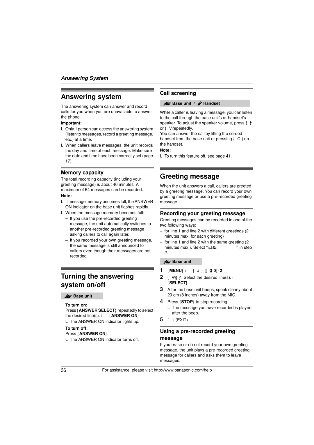 Panasonic KX-TG9391T, KX-TG9392, KXTG9391T Answering system, Turning the answering system on/off, Greeting message 