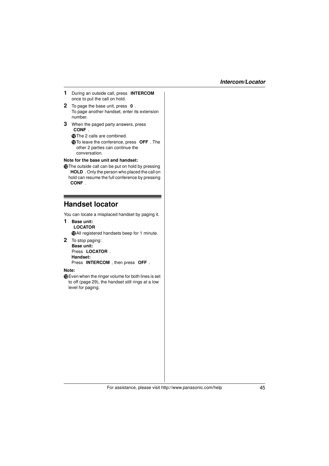 Panasonic KX-TG9392 Handset locator, You can locate a misplaced handset by paging it, Base unit Locator, Press Locator 