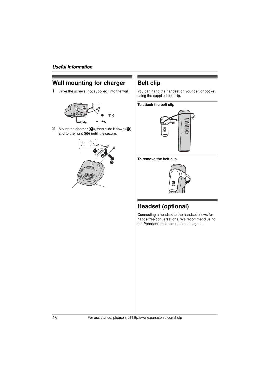 Panasonic KX-TG9391T, KX-TG9392, KXTG9391T operating instructions Wall mounting for charger, Belt clip, Headset optional 