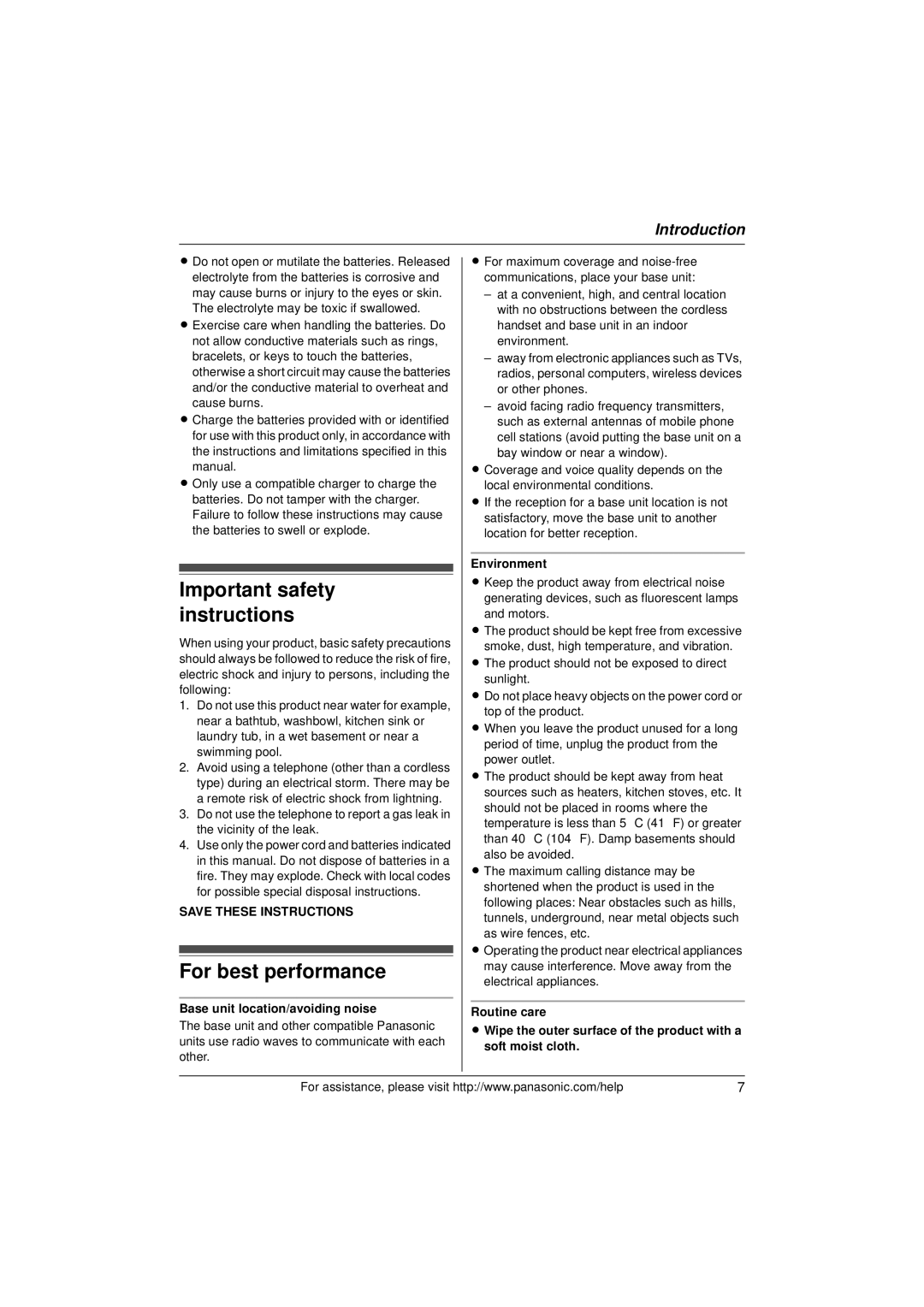 Panasonic KXTG9391T Important safety instructions, For best performance, Base unit location/avoiding noise, Environment 