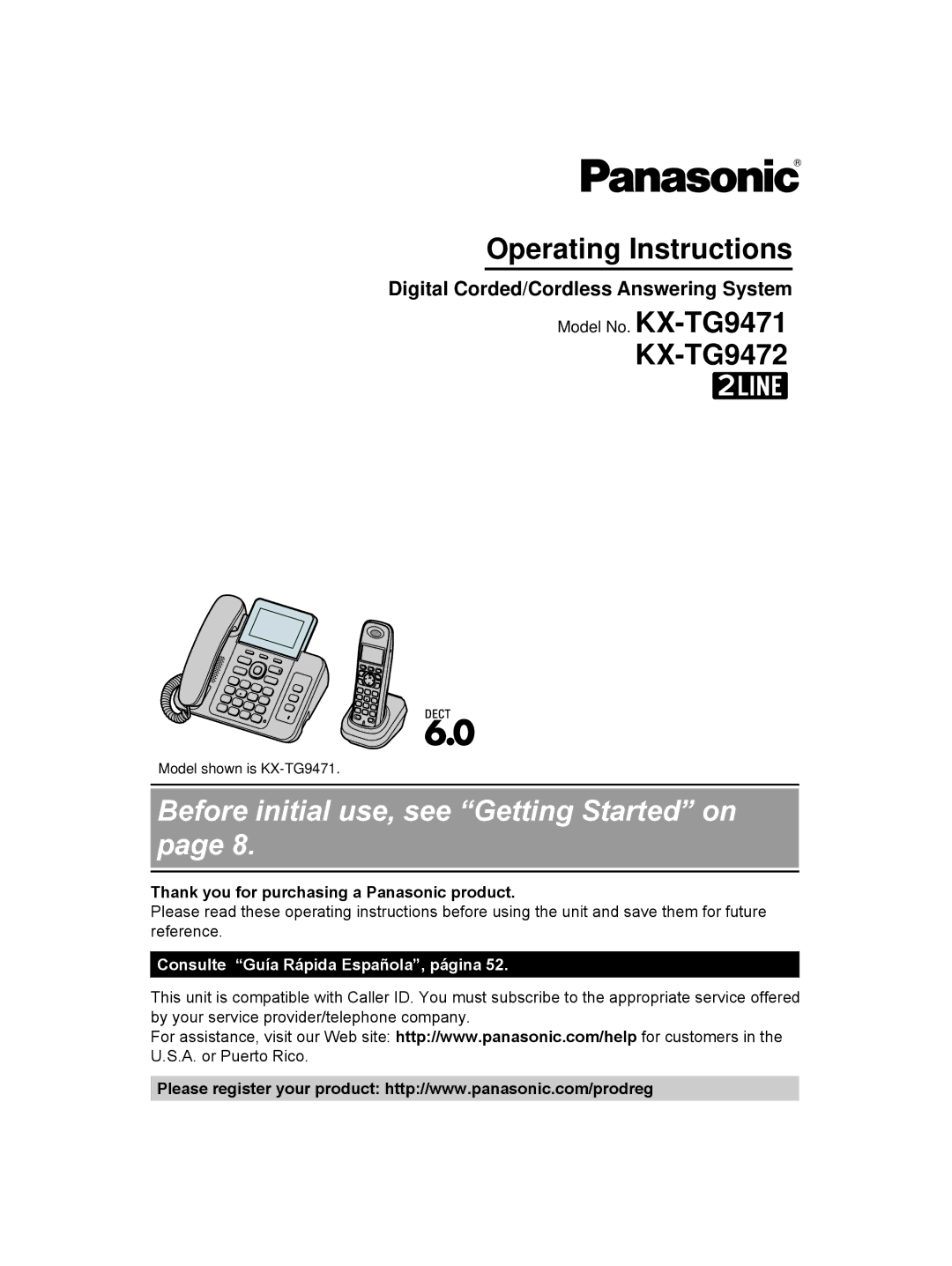 Panasonic KX-TG9471, KX-TG9472 operating instructions Before initial use, see Getting Started on 