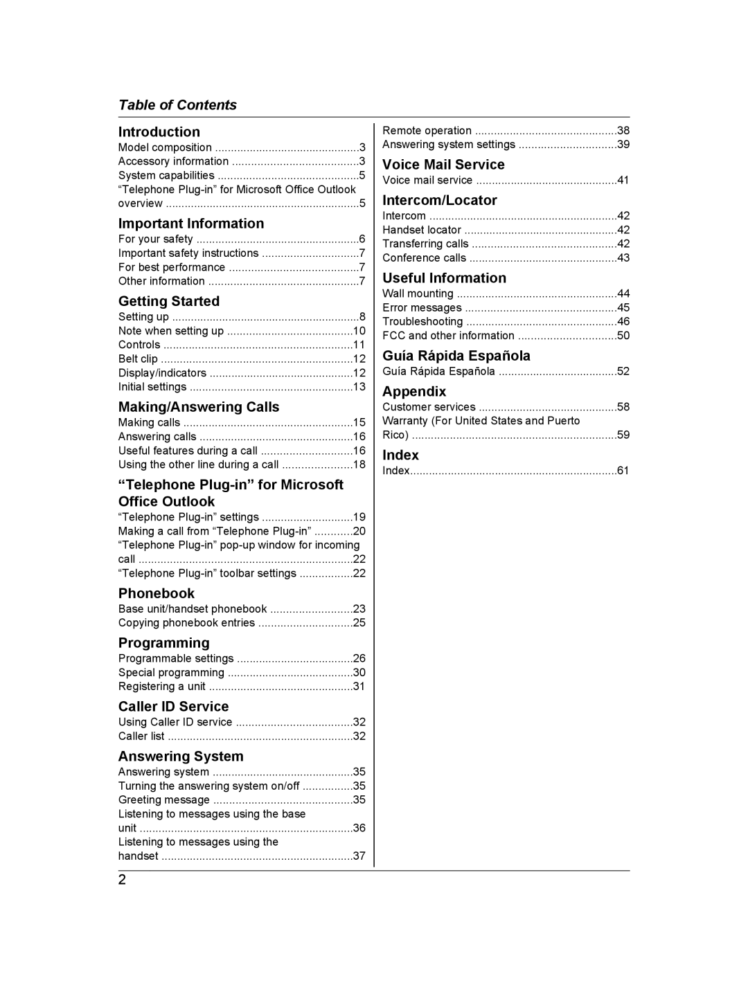 Panasonic KX-TG9472, KX-TG9471 operating instructions Table of Contents 