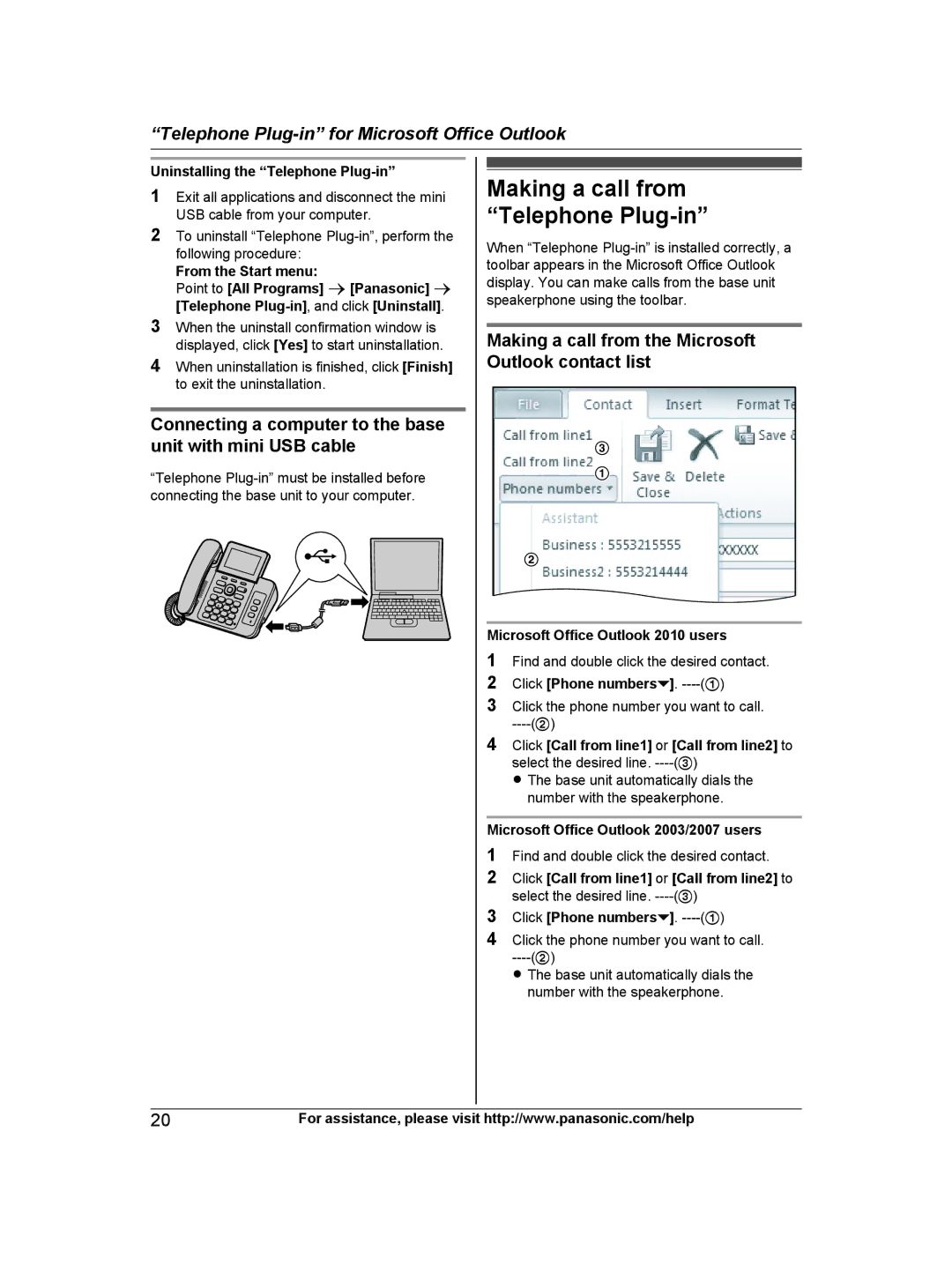 Panasonic KX-TG9472 Making a call from Telephone Plug-in, Connecting a computer to the base unit with mini USB cable 