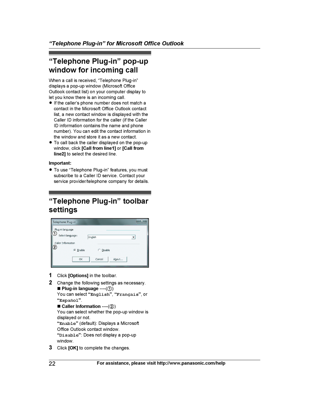 Panasonic KX-TG9472, KX-TG9471 Telephone Plug-in pop-up window for incoming call, Telephone Plug-in toolbar settings 