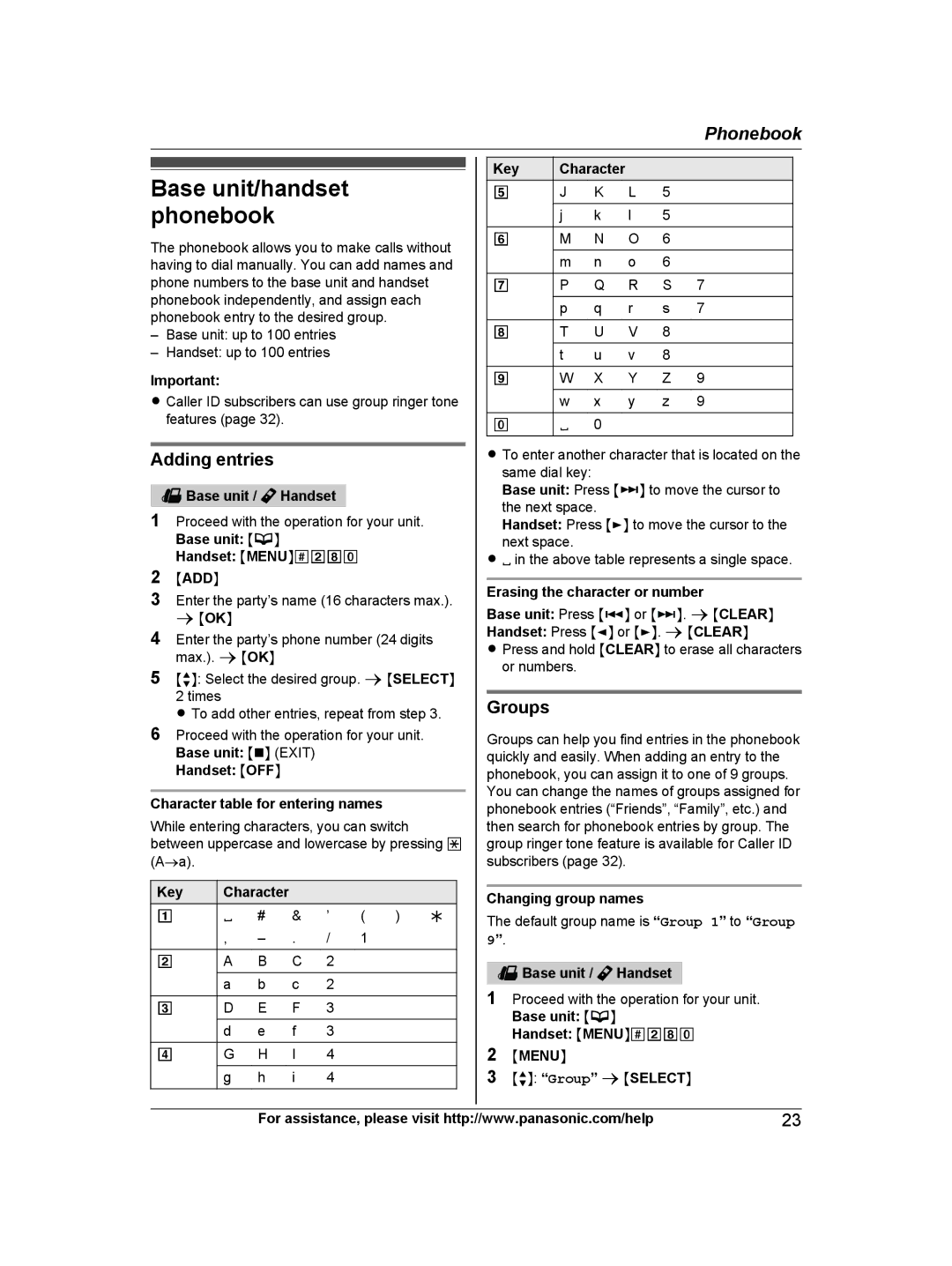 Panasonic KX-TG9471, KX-TG9472 operating instructions Base unit/handset phonebook, Adding entries, Groups, Maddn, Mmenun 