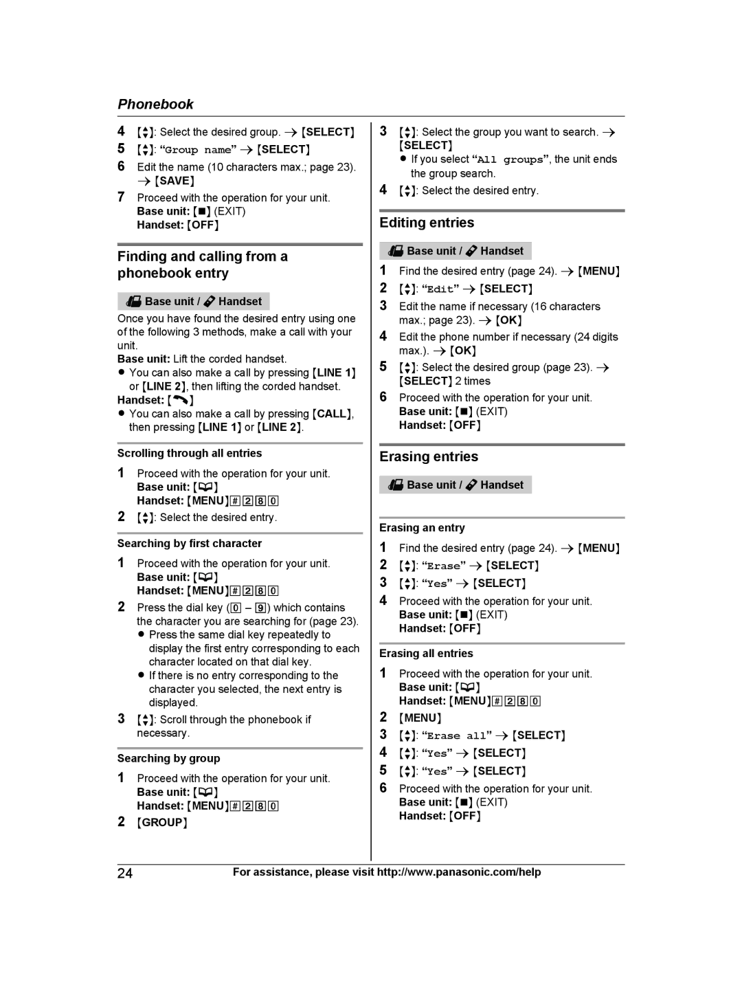 Panasonic KX-TG9472 Finding and calling from a phonebook entry, Editing entries, Erasing entries, Mgroupn, Mselectn 