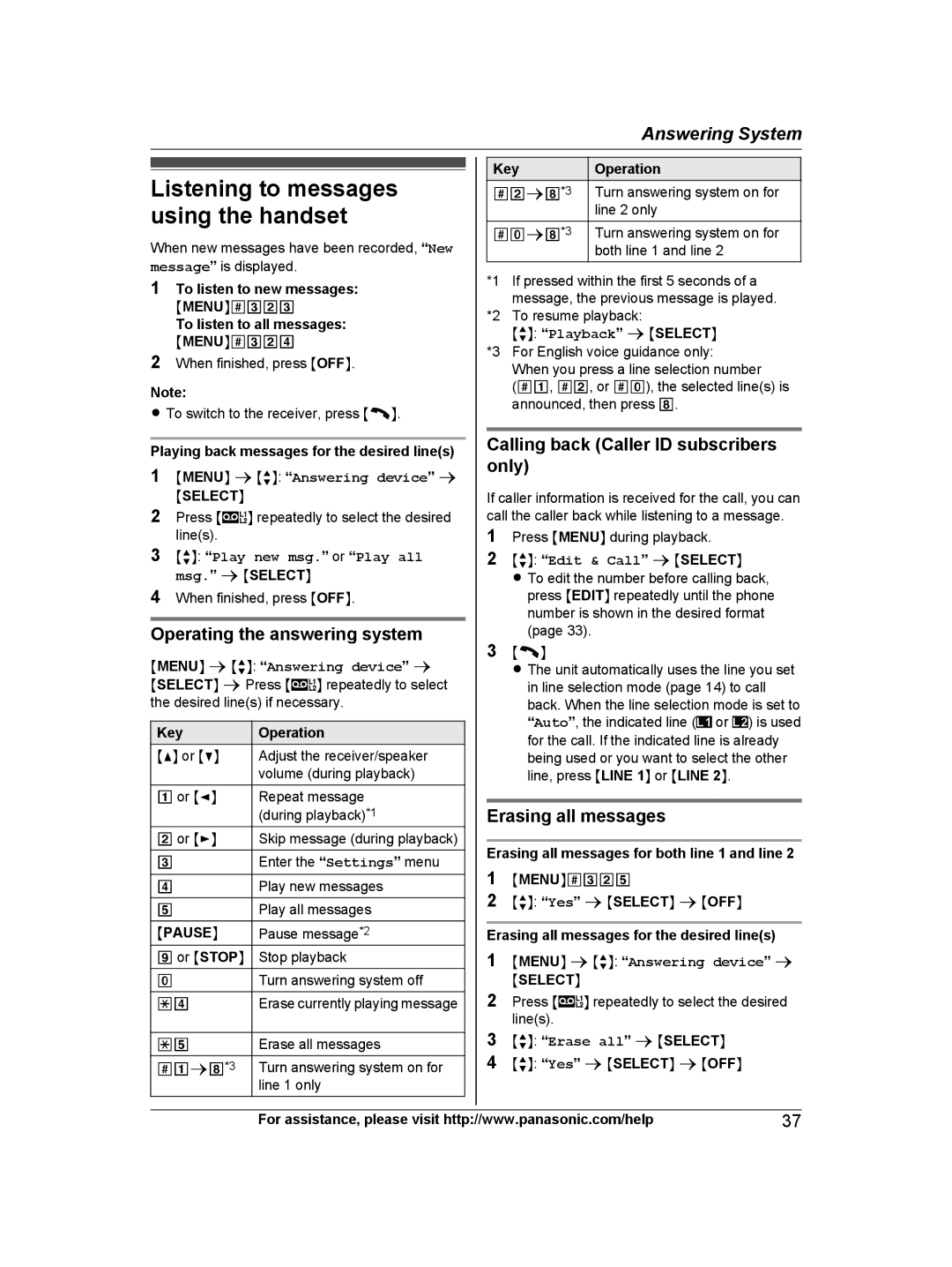 Panasonic KX-TG9471, KX-TG9472 Listening to messages using the handset, Operating the answering system 