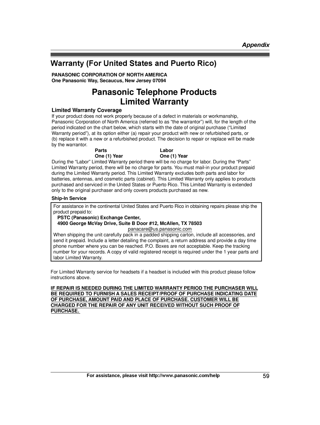 Panasonic KX-TG9471, KX-TG9472 Warranty For United States and Puerto Rico, Panasonic Corporation of North America 