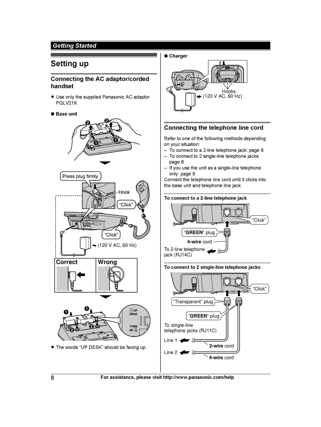 Panasonic KX-TG9472, KX-TG9471 operating instructions Setting up, Connecting the AC adaptor/corded handset, Correct Wrong 