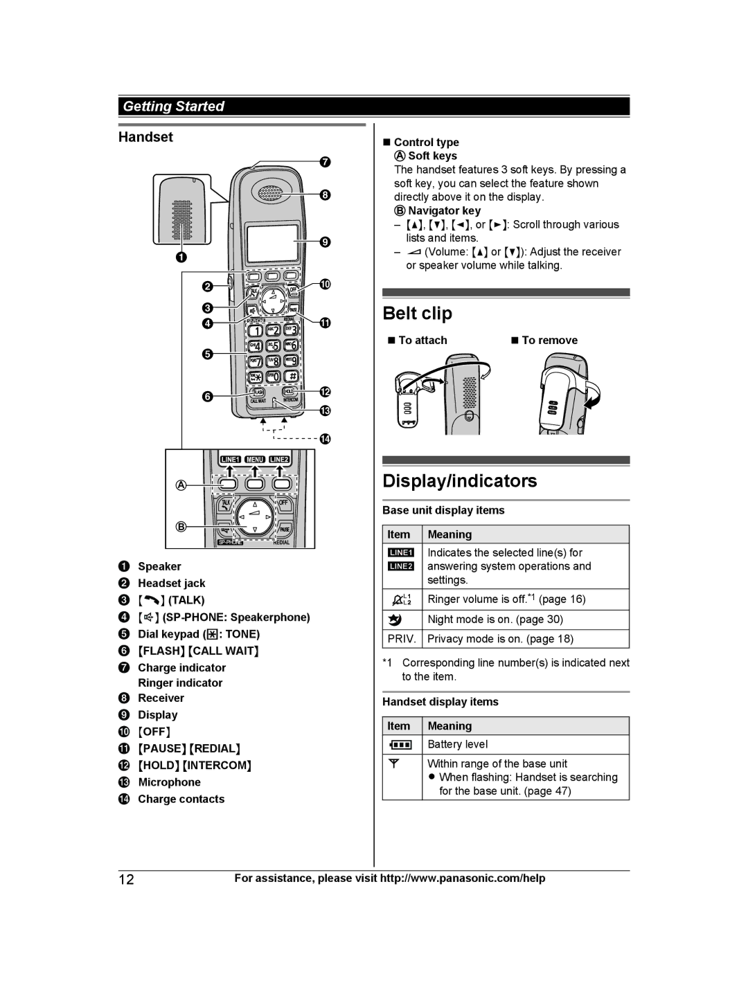 Panasonic KX-TG9472B, KX-TG9471B, KXTG9472B, KXTG9471B Belt clip, Display/indicators, Handset, Moffn Mpausen Mredialn 