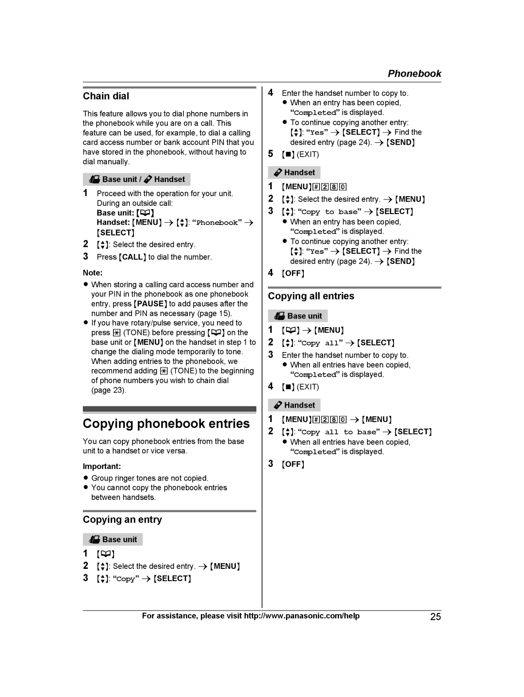 Panasonic KX-TG9471B, KX-TG9472B, KXTG9472B, KXTG9471B Copying phonebook entries, Chain dial, Copying an entry, Moffn 