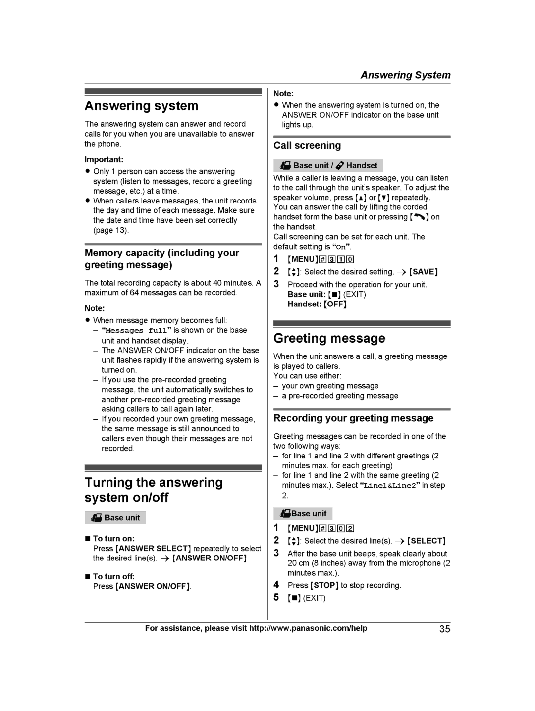 Panasonic KXTG9471B, KX-TG9472B, KX-TG9471B Answering system, Turning the answering system on/off, Greeting message 