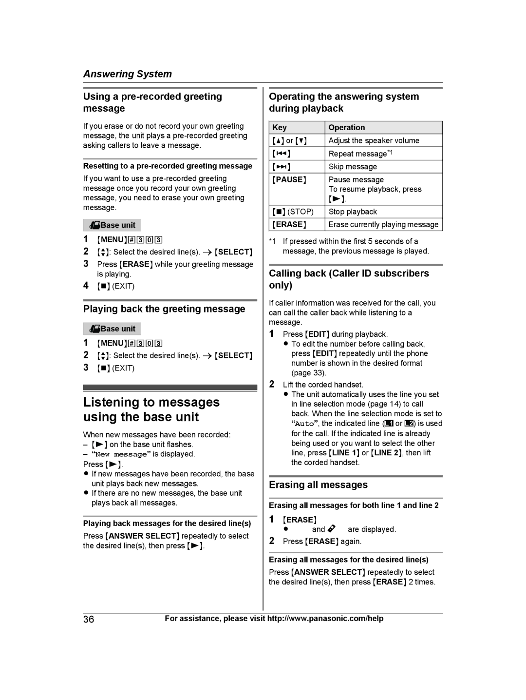 Panasonic KX-TG9472B Listening to messages using the base unit, Playing back the greeting message, Erasing all messages 