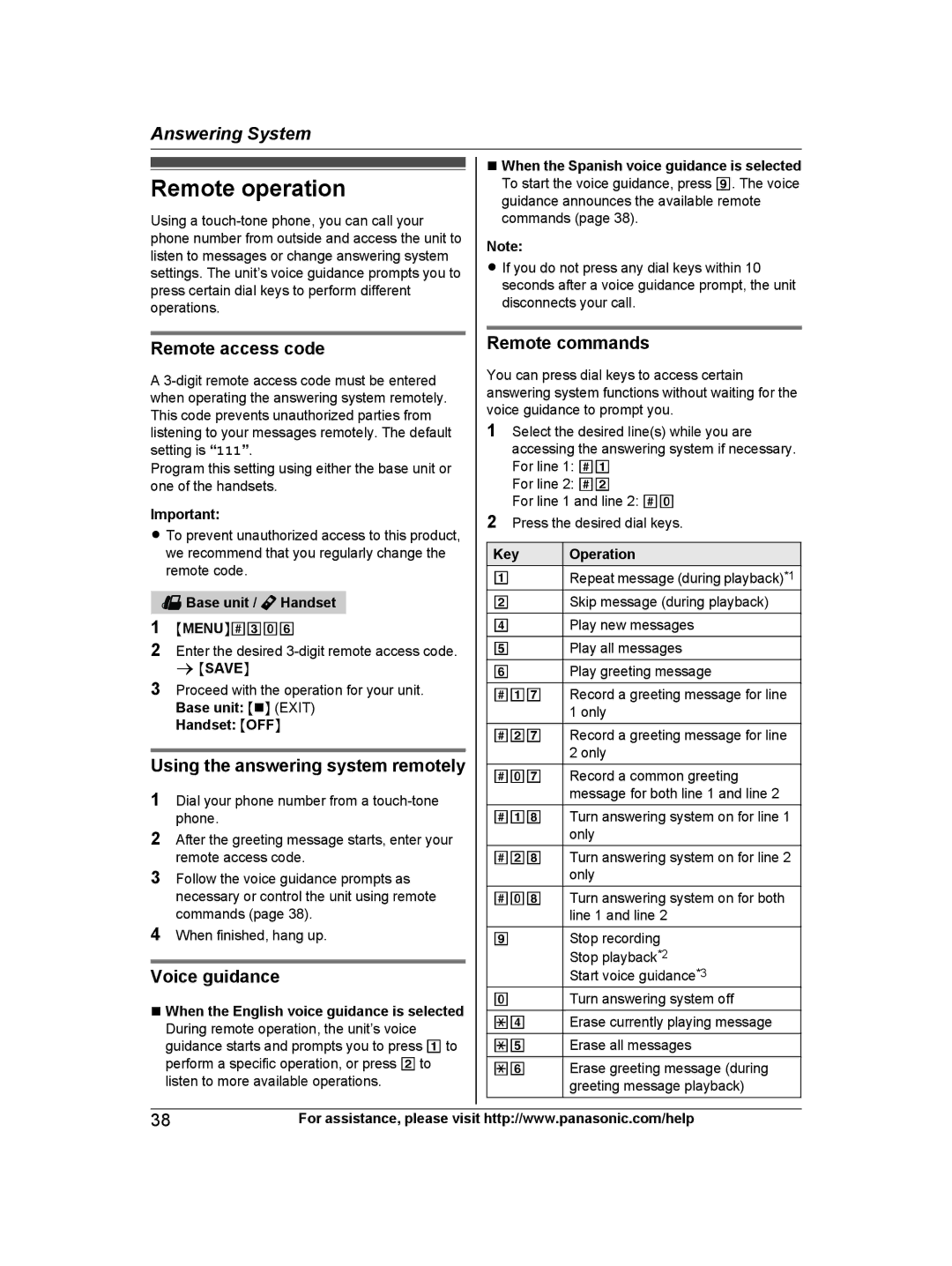 Panasonic KXTG9472B, KX-TG9472B, KX-TG9471B, KXTG9471B Using the answering system remotely, Voice guidance, Remote commands 