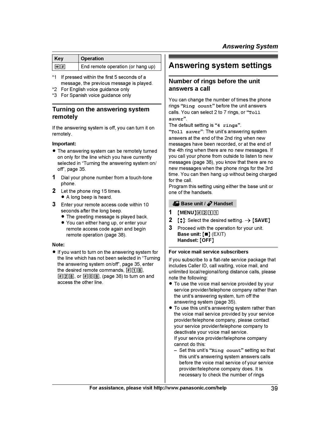 Panasonic KXTG9471B, KX-TG9472B, KX-TG9471B, KXTG9472B Answering system settings, Turning on the answering system remotely 