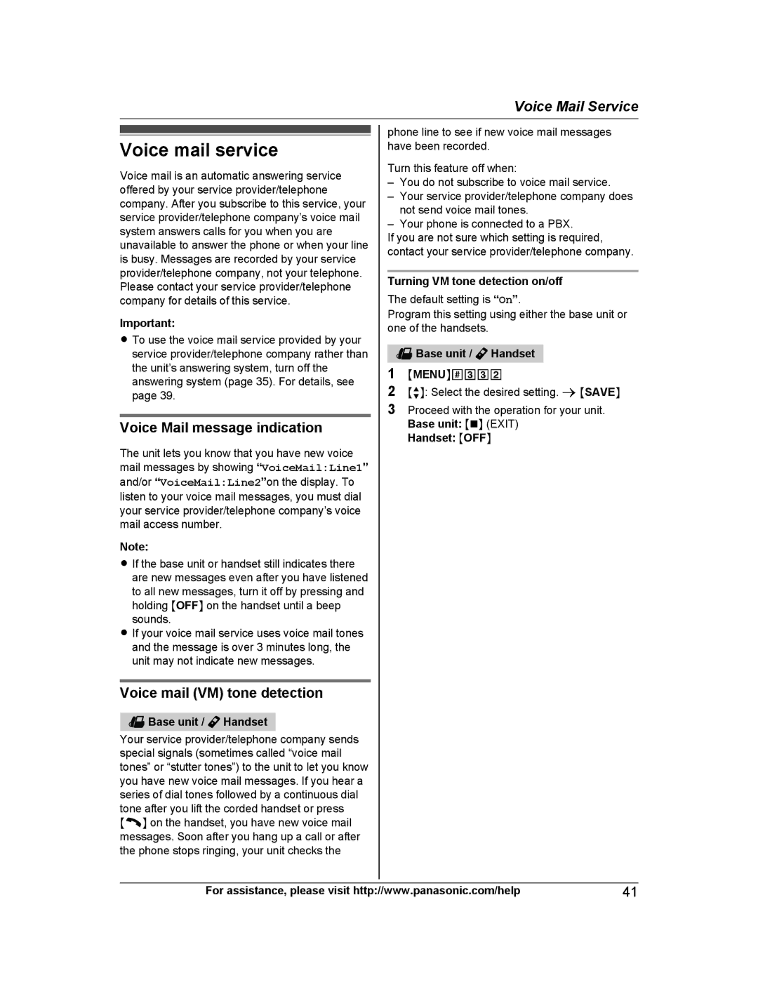 Panasonic KX-TG9471B, KX-TG9472B, KXTG9472B Voice mail service, Voice Mail message indication, Voice mail VM tone detection 