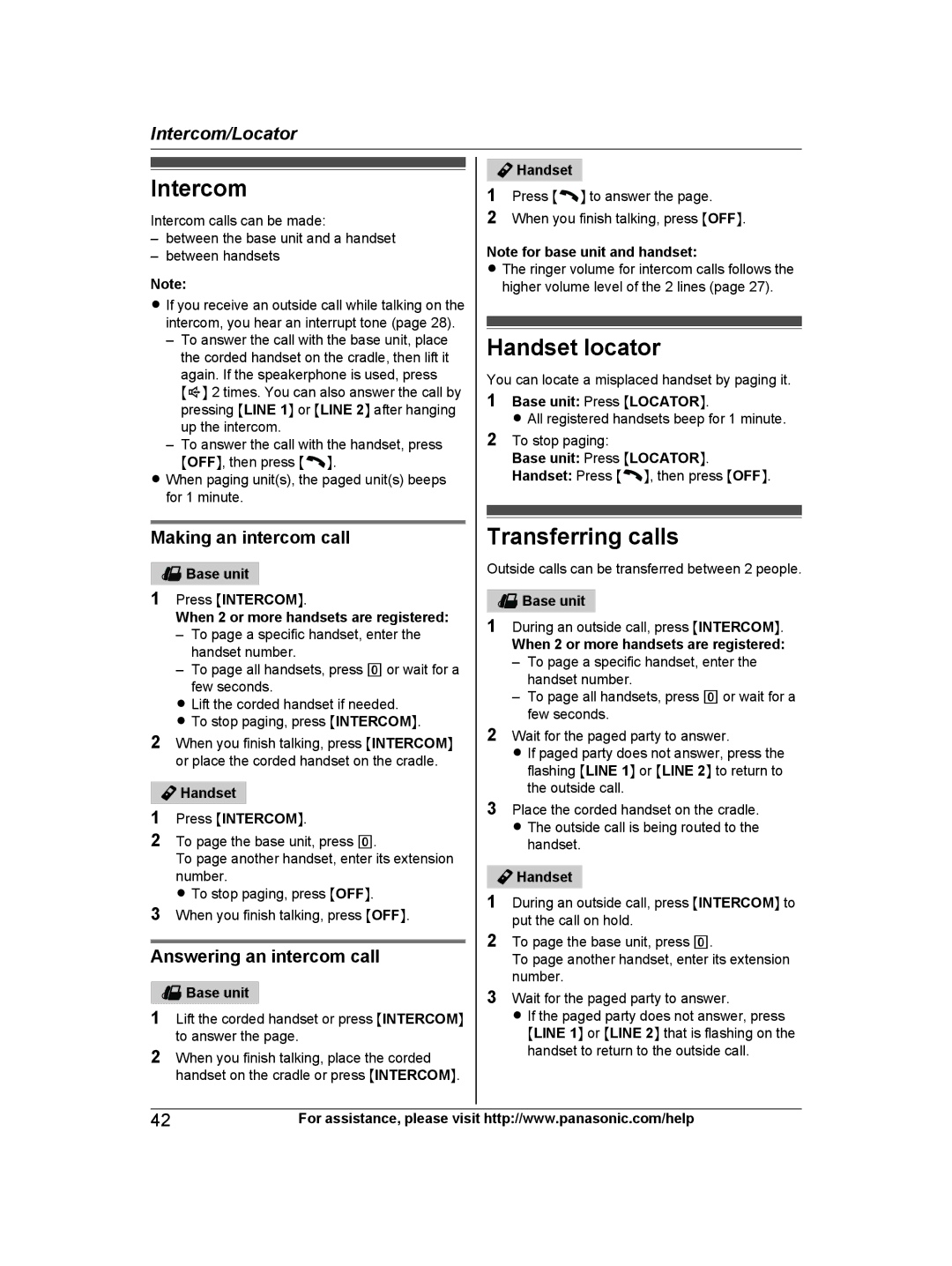 Panasonic KXTG9472B Intercom, Handset locator, Transferring calls, Making an intercom call, Answering an intercom call 