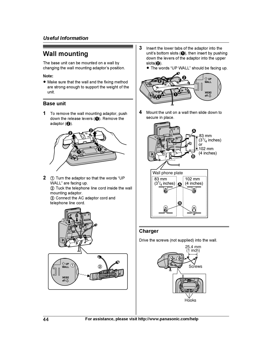 Panasonic KX-TG9472B, KX-TG9471B, KXTG9472B, KXTG9471B operating instructions Wall mounting, Charger 