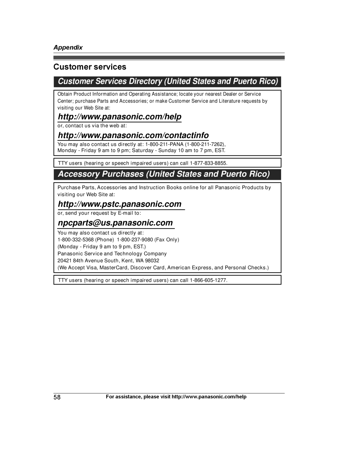 Panasonic KXTG9472B, KX-TG9472B, KX-TG9471B Customer services, Customer Services Directory United States and Puerto Rico 