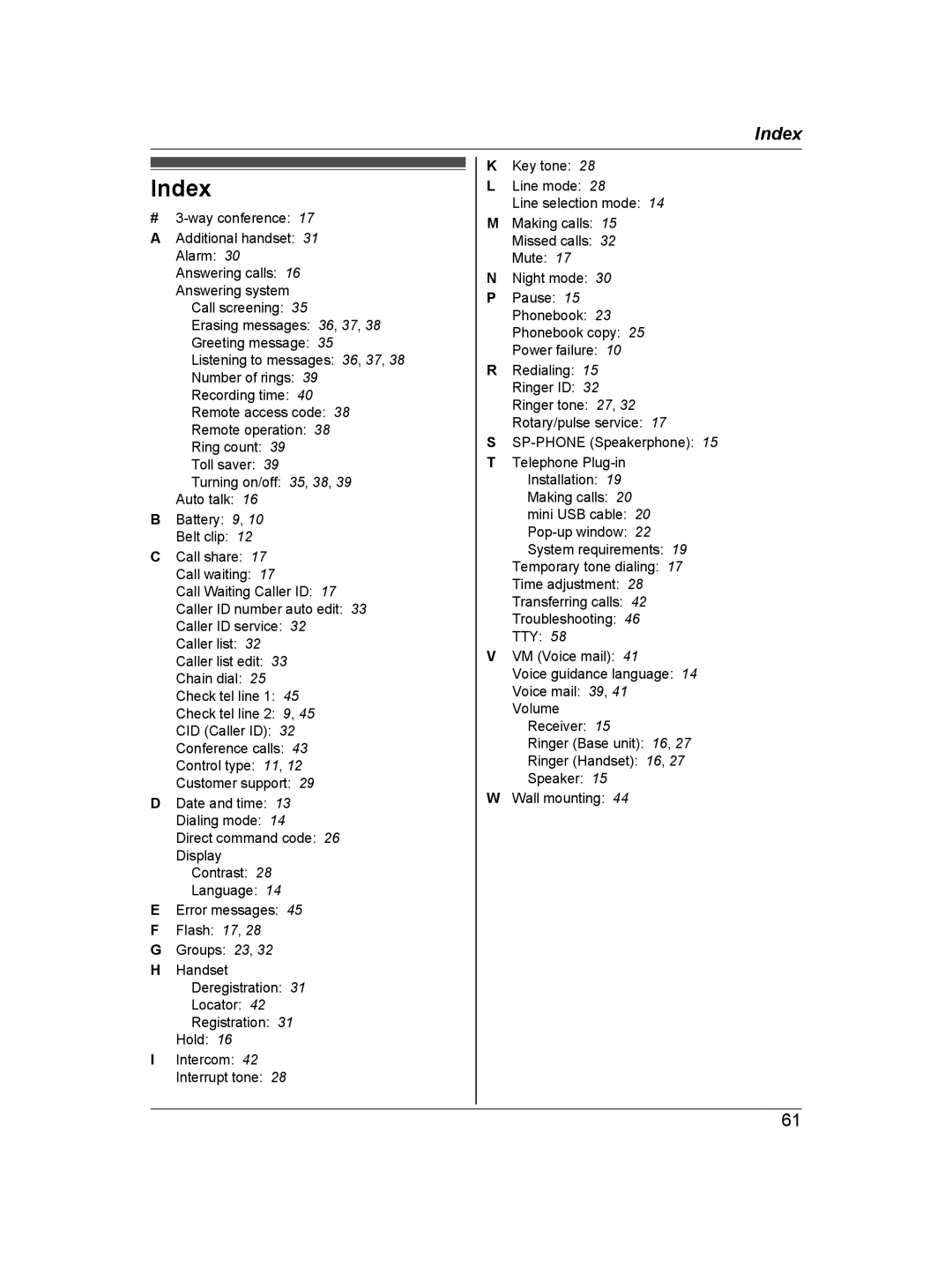 Panasonic KX-TG9471B, KX-TG9472B, KXTG9472B, KXTG9471B operating instructions Index 