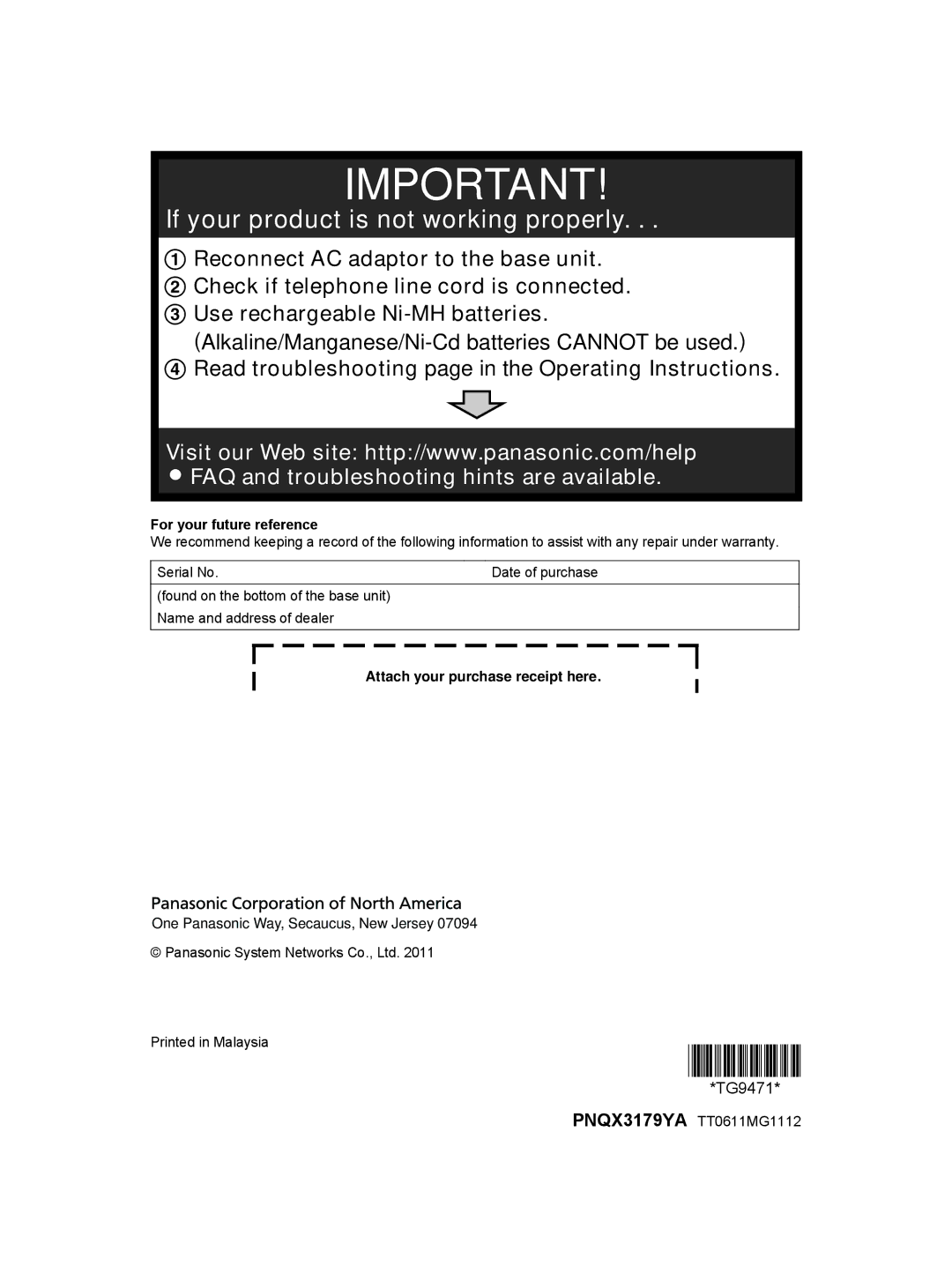 Panasonic KX-TG9472B, KX-TG9471B, KXTG9472B, KXTG9471B If your product is not working properly, For your future reference 