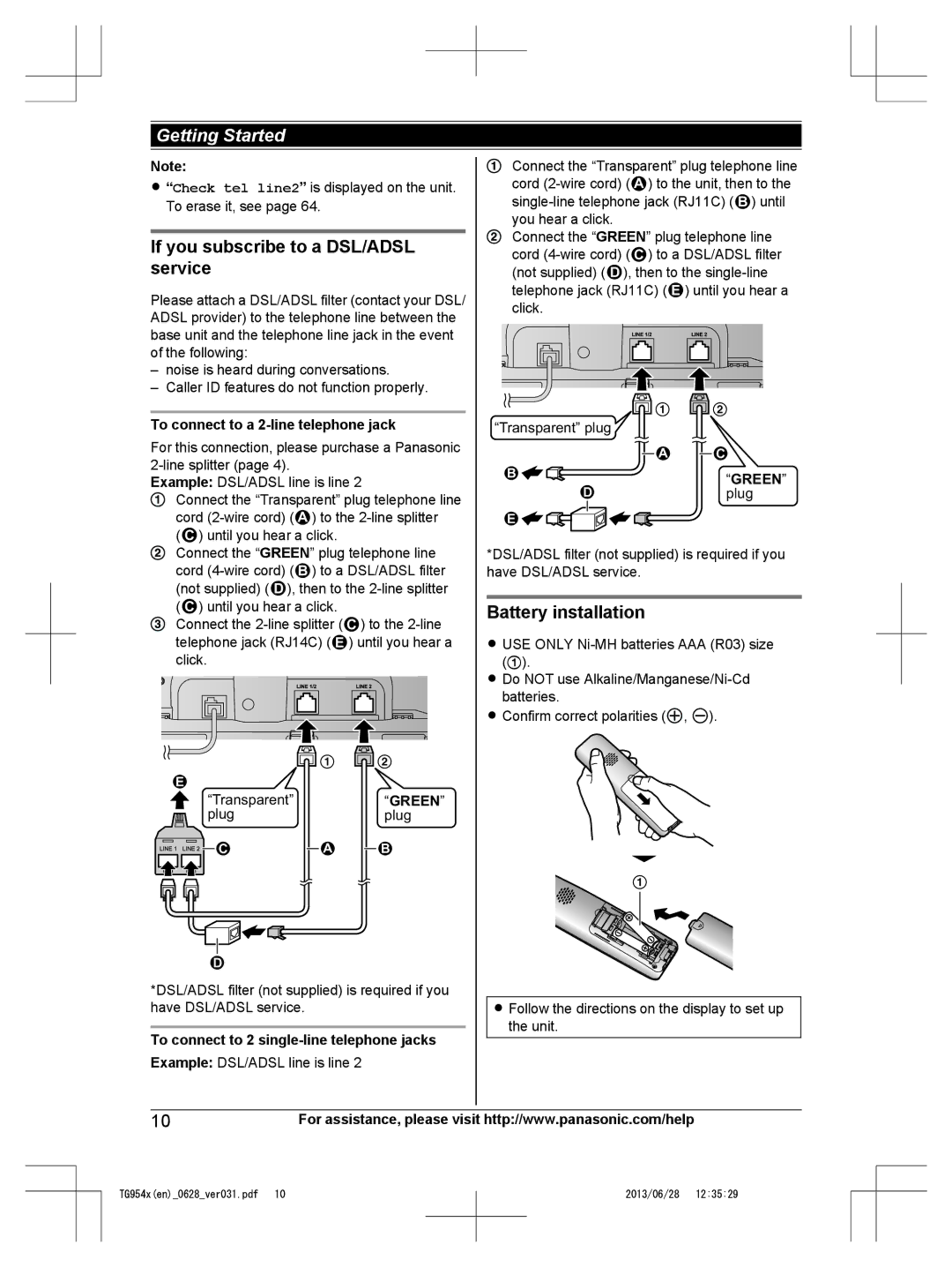 Panasonic KX-TG9542, KX-TG9541 operating instructions If you subscribe to a DSL/ADSL service, Battery installation 