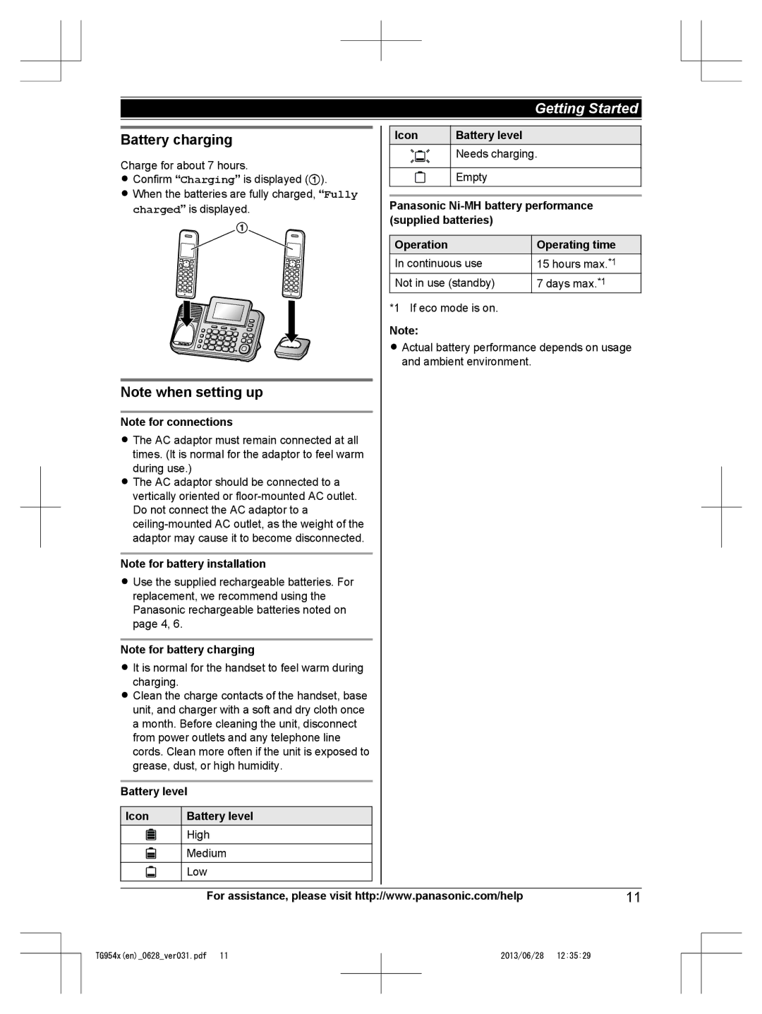 Panasonic KX-TG9541, KX-TG9542 operating instructions Battery charging, Battery level Icon, High Medium Low 