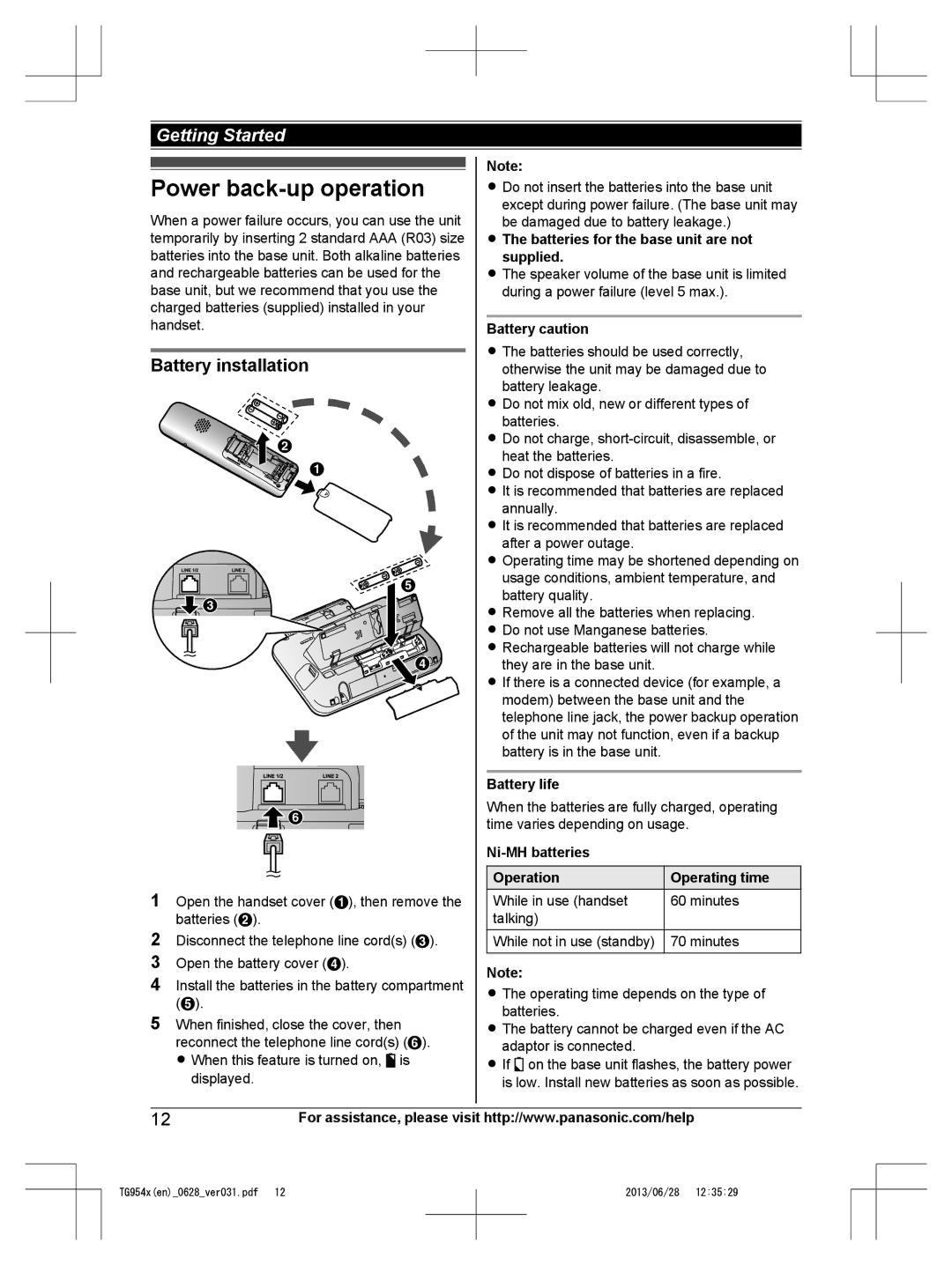 Panasonic KX-TG9542 Power back-up operation, Batteries for the base unit are not supplied, Battery caution, Battery life 