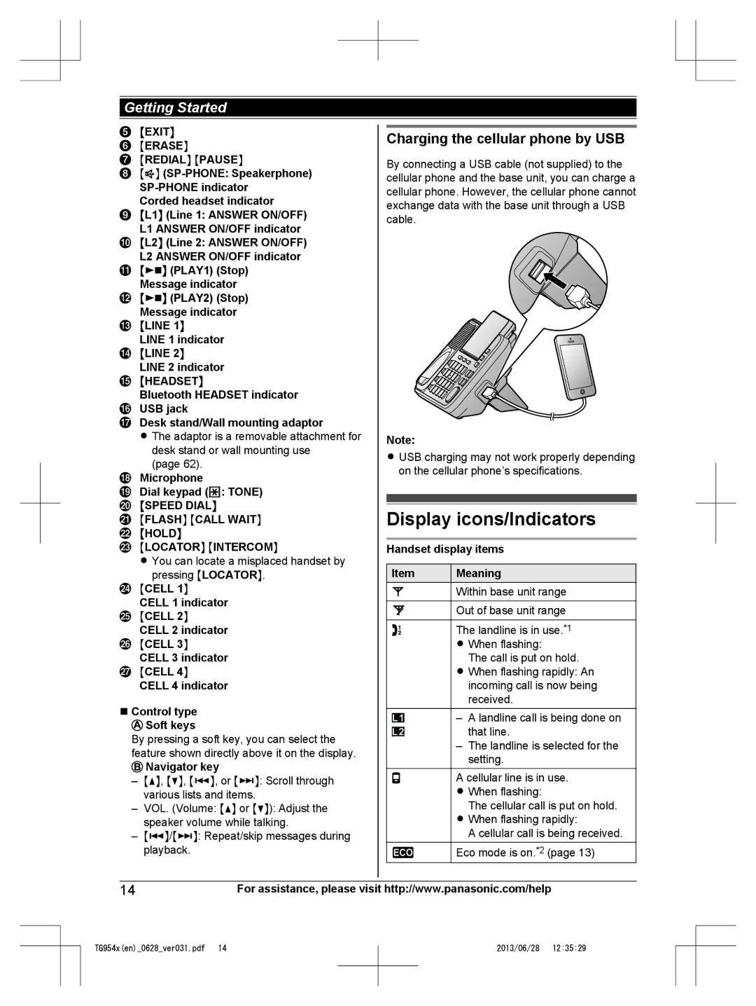 Panasonic KX-TG9542, KX-TG9541 operating instructions Display icons/Indicators, Charging the cellular phone by USB 