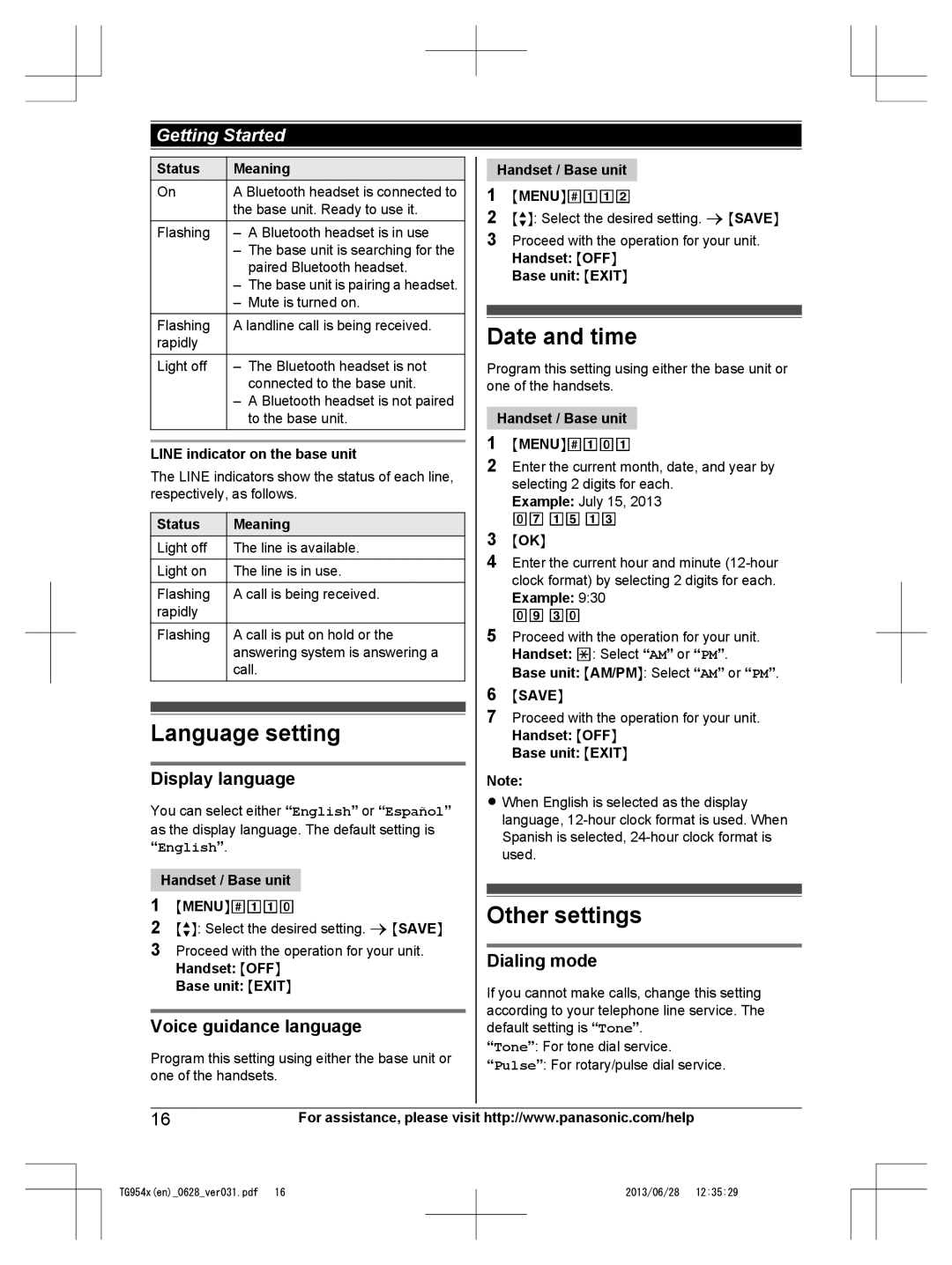 Panasonic KX-TG9542, KX-TG9541 Language setting, Other settings, Display language, Dialing mode, Voice guidance language 