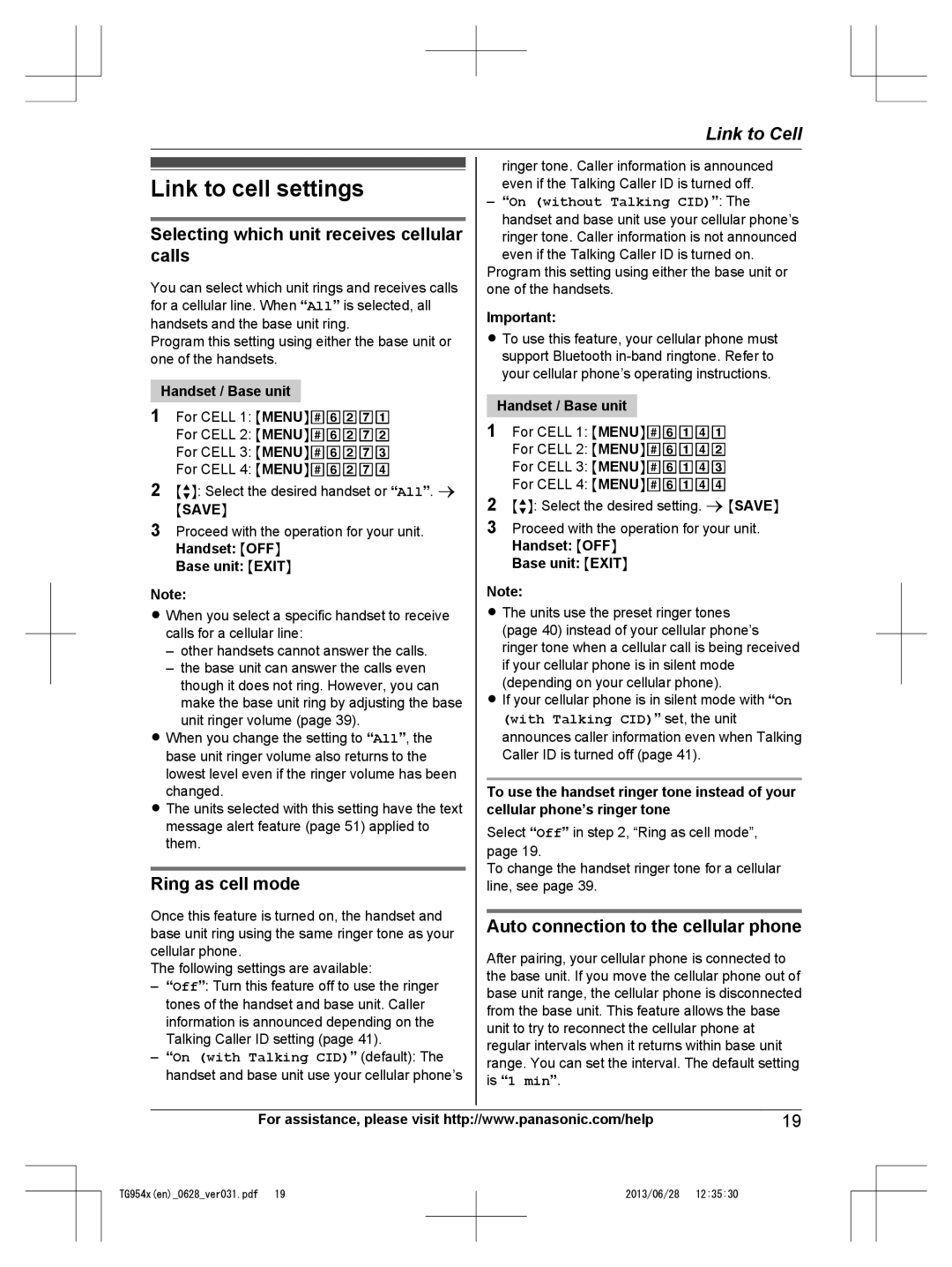 Panasonic KX-TG9541, KX-TG9542 Link to cell settings, Selecting which unit receives cellular calls, Ring as cell mode 