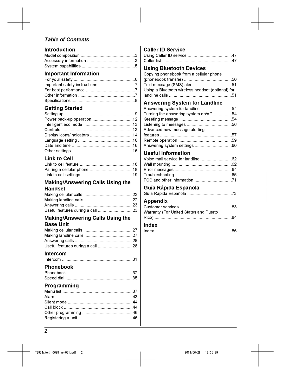 Panasonic KX-TG9542, KX-TG9541 operating instructions Table of Contents 