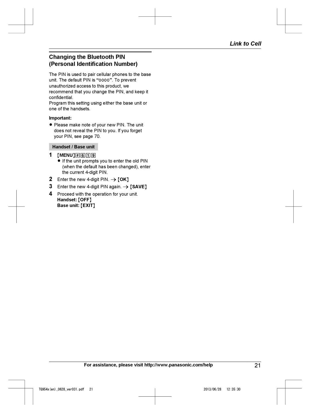 Panasonic KX-TG9541, KX-TG9542 operating instructions Changing the Bluetooth PIN Personal Identification Number 