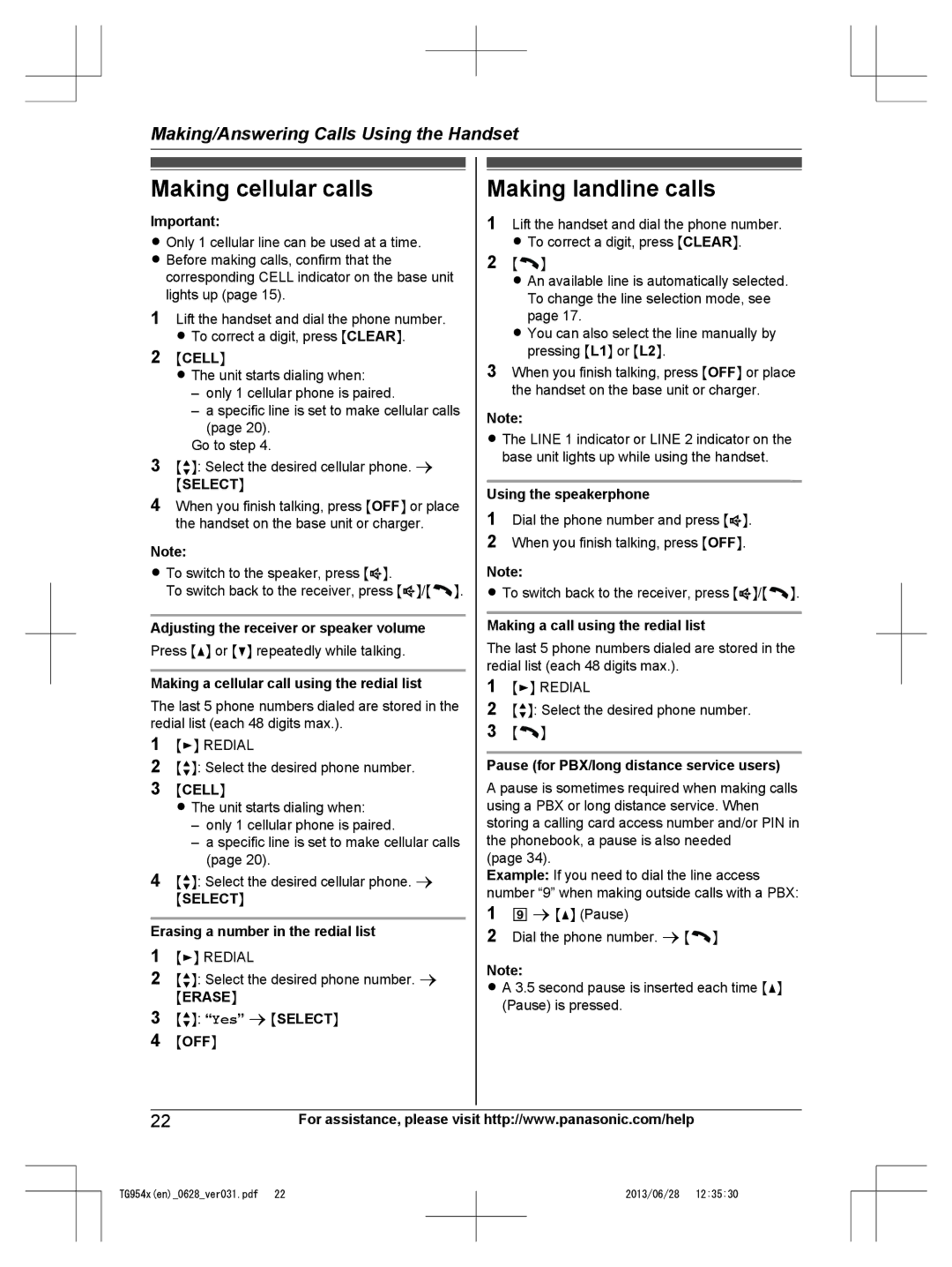 Panasonic KX-TG9542, KX-TG9541 operating instructions Making cellular calls, Making landline calls, Mselectn 