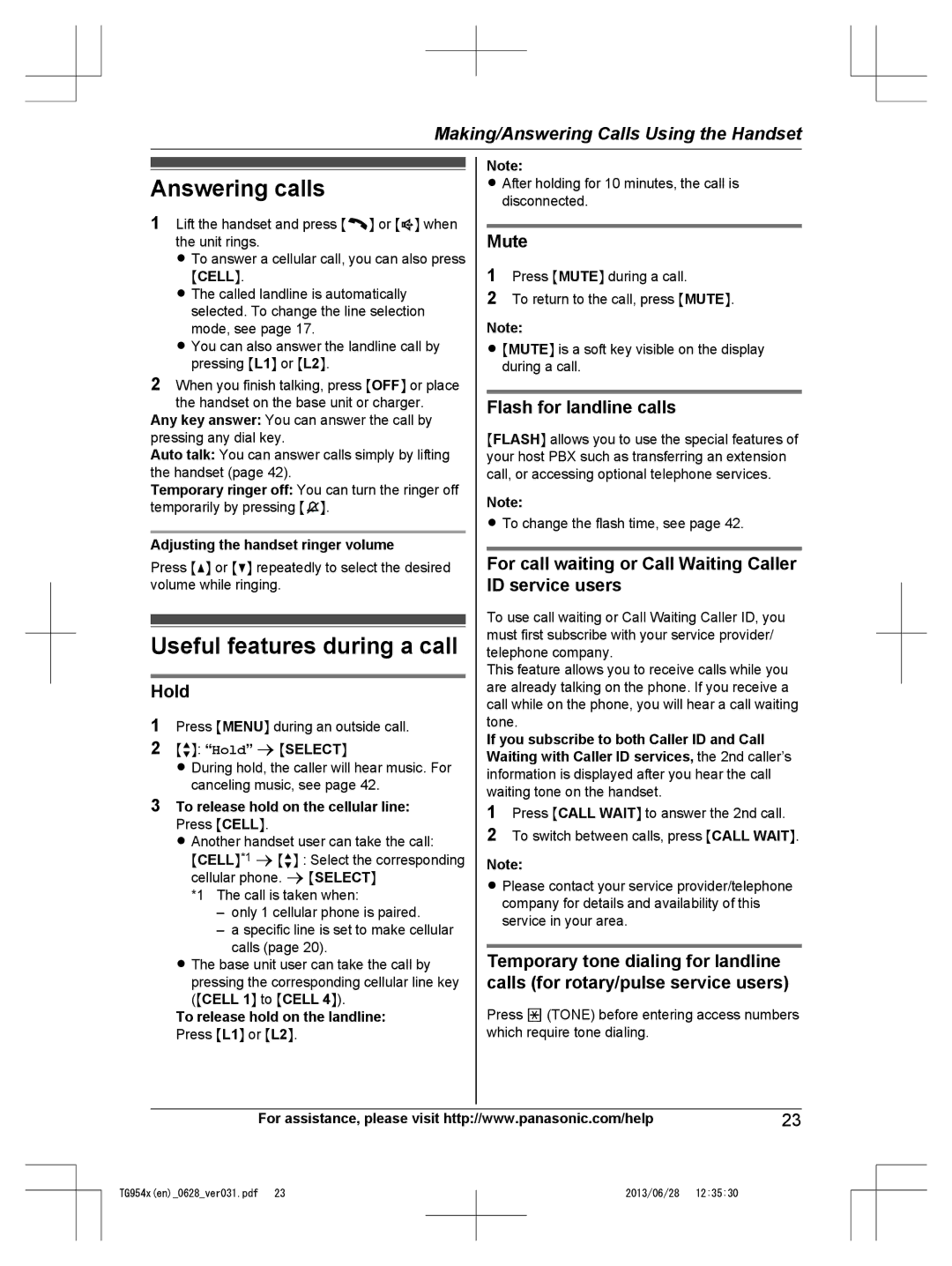 Panasonic KX-TG9541, KX-TG9542 operating instructions Answering calls, Useful features during a call 