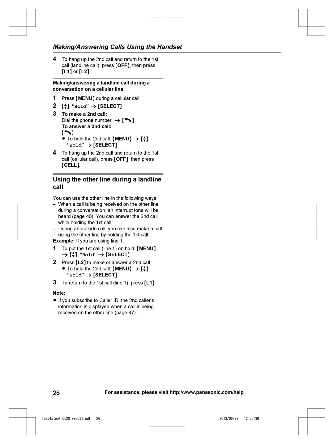 Panasonic KX-TG9542, KX-TG9541 operating instructions Using the other line during a landline call, Hold a Mselectn 