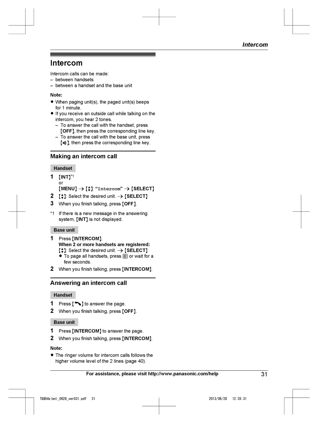 Panasonic KX-TG9541, KX-TG9542 Making an intercom call, Answering an intercom call, Mmenun a MbN Intercom a Mselectn 