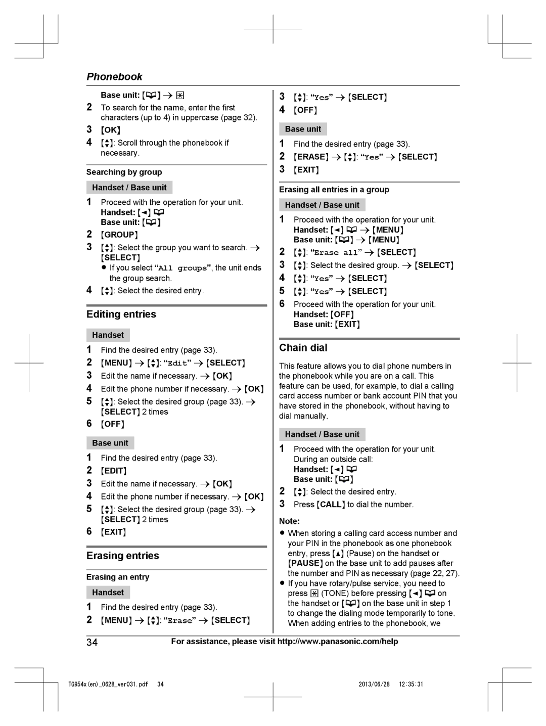 Panasonic KX-TG9542, KX-TG9541 operating instructions Editing entries, Chain dial, Erasing entries, Yes 