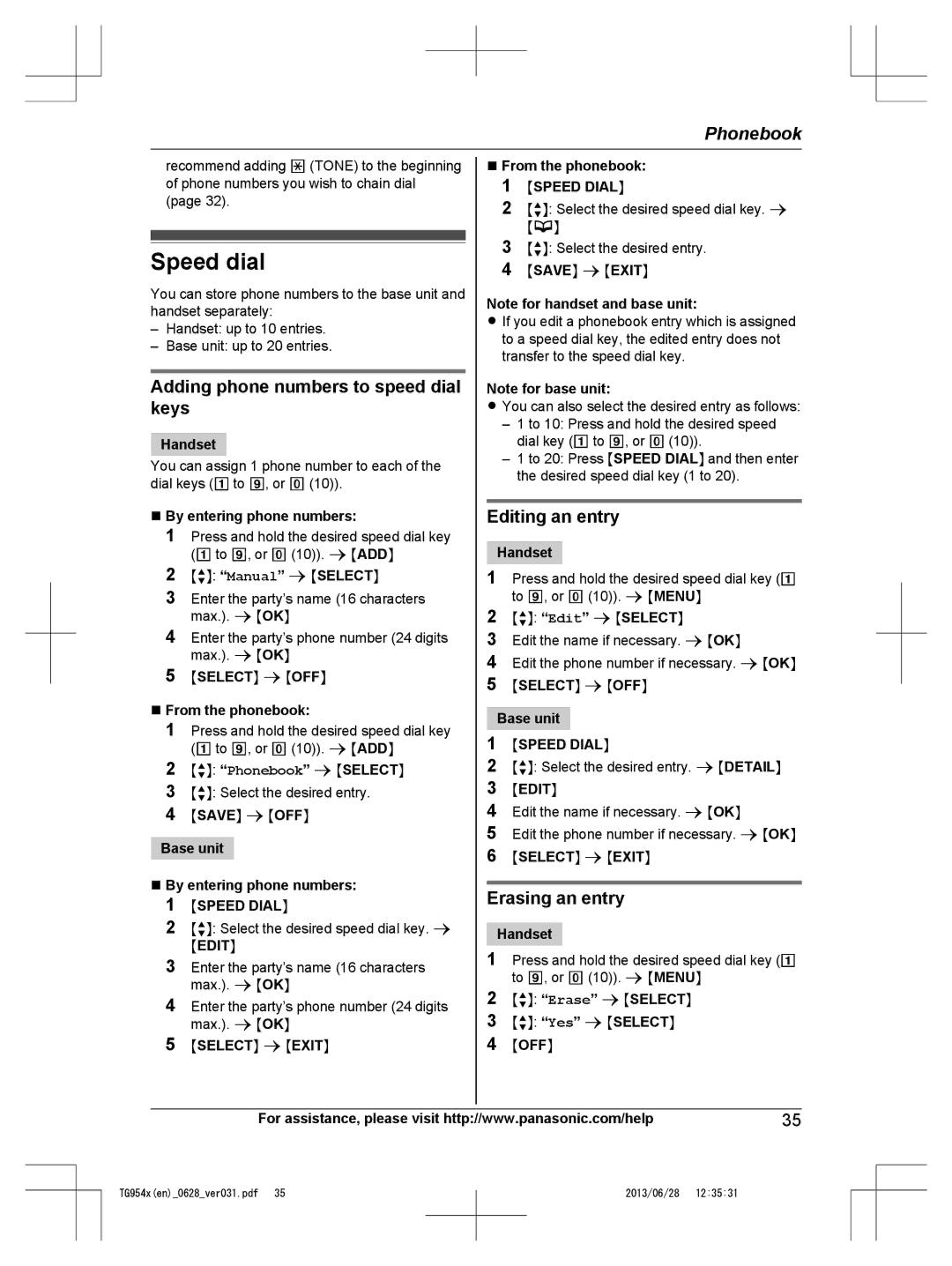 Panasonic KX-TG9541 Speed dial, Adding phone numbers to speed dial keys, Editing an entry, Erasing an entry, Mspeed Dialn 