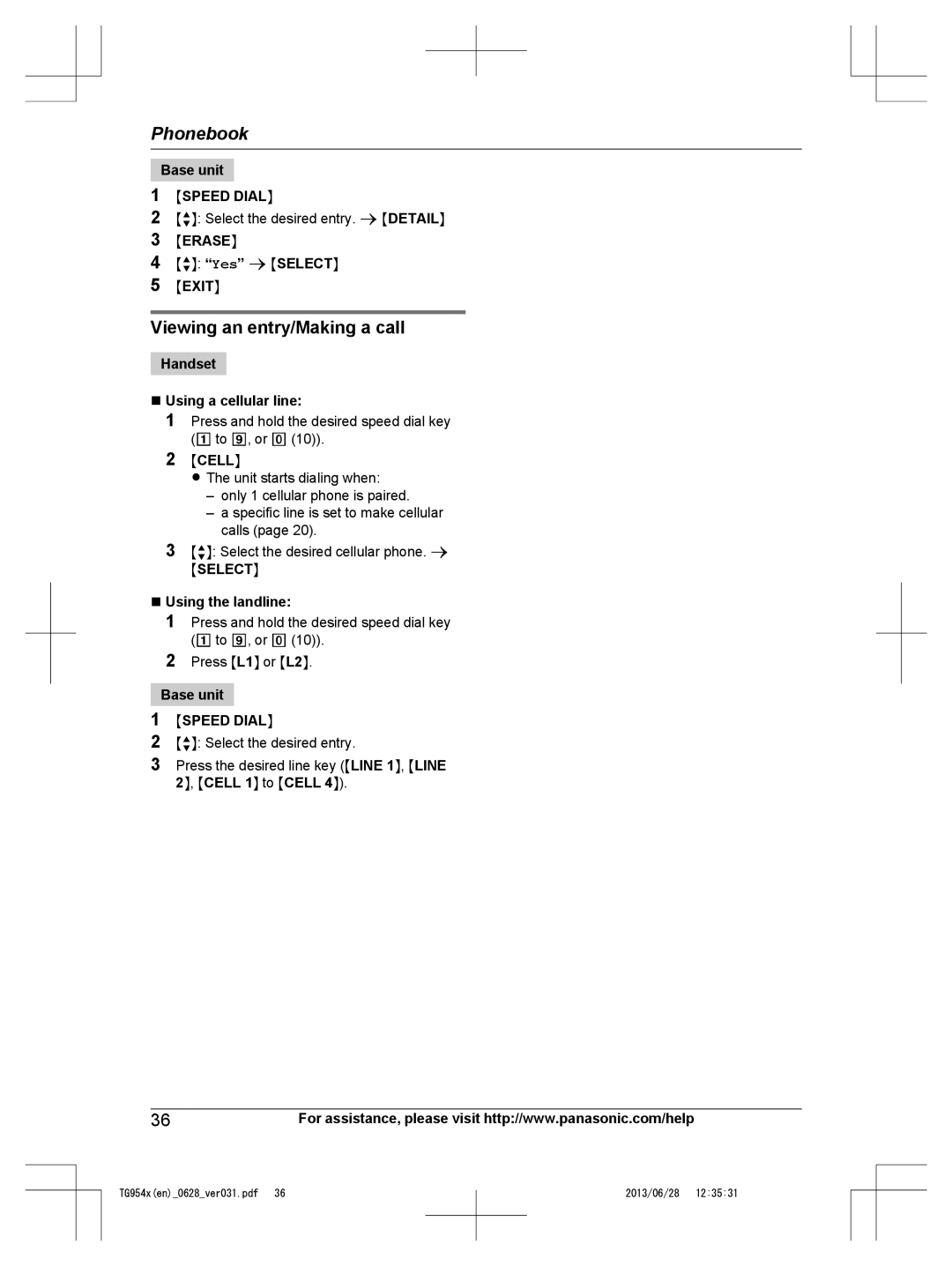 Panasonic KX-TG9542, KX-TG9541 Viewing an entry/Making a call, MbN Yes a Mselectn 5 Mexitn, Handset Using a cellular line 