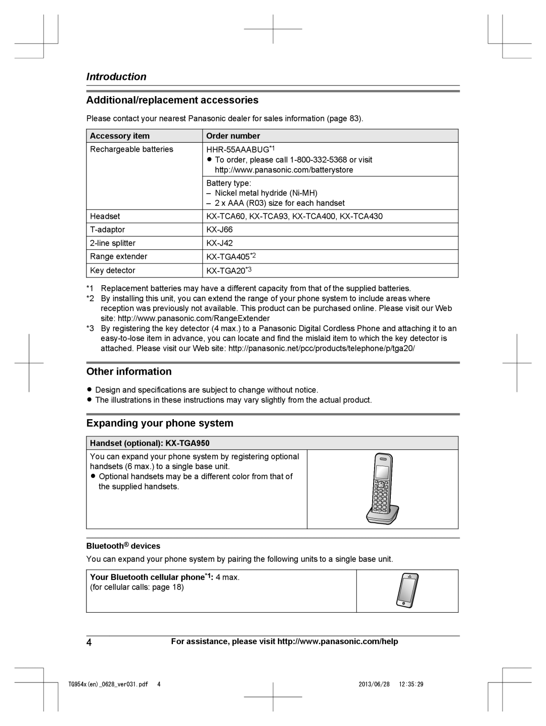 Panasonic KX-TG9542, KX-TG9541 Additional/replacement accessories, Other information, Expanding your phone system 