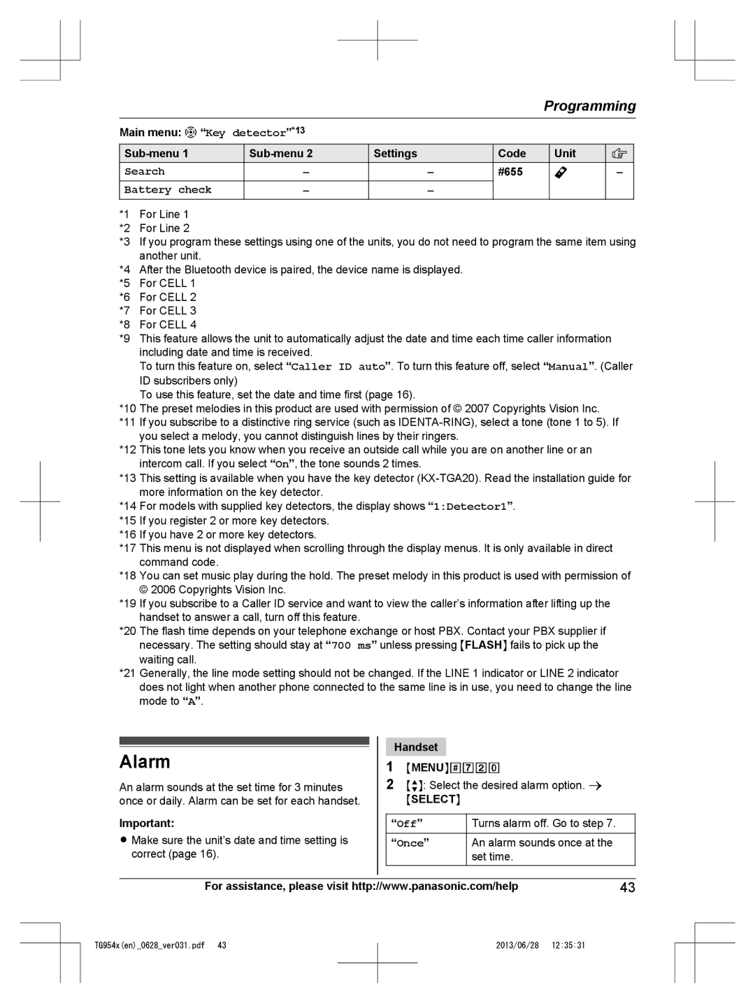 Panasonic KX-TG9541, KX-TG9542 Alarm, Main menu Key detector*13 Sub-menu Settings Code Unit, Search, #655, Battery check 