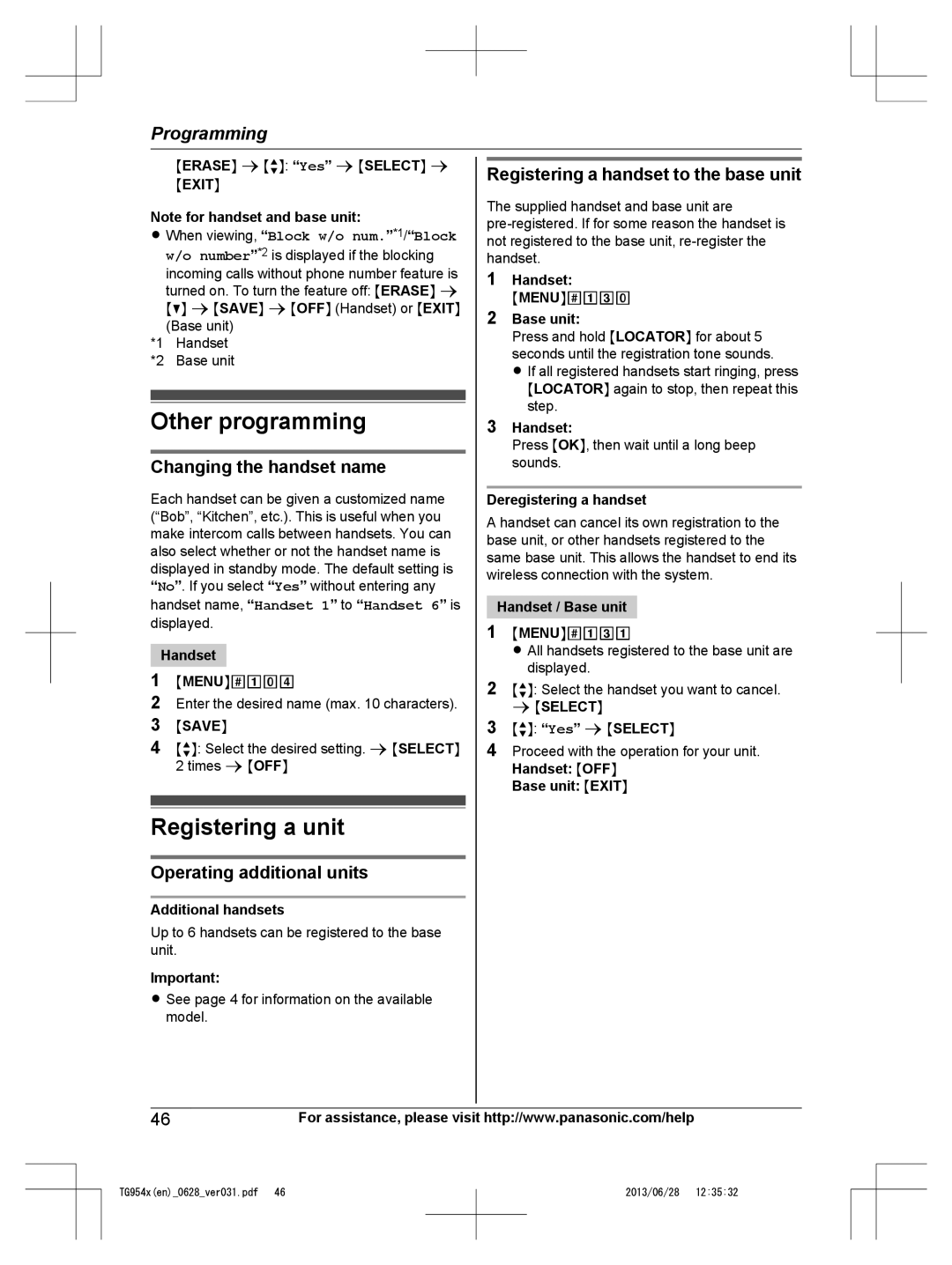 Panasonic KX-TG9542 Other programming, Registering a unit, Changing the handset name, Operating additional units 