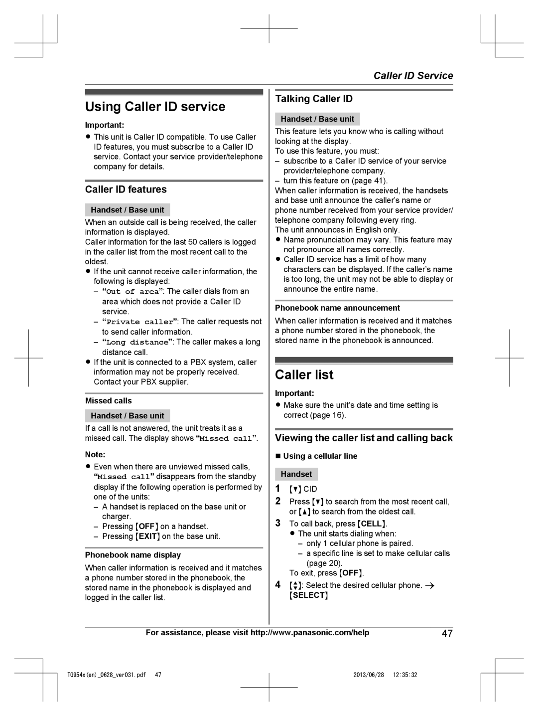 Panasonic KX-TG9541, KX-TG9542 Using Caller ID service, Caller list, Caller ID features, Talking Caller ID 