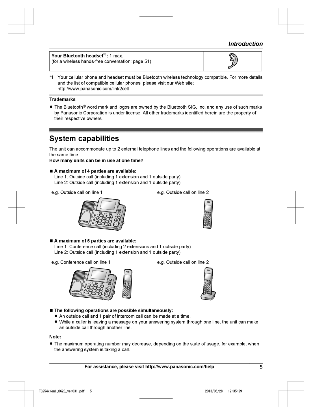 Panasonic KX-TG9541 System capabilities, Your Bluetooth headset*1 1 max, Trademarks, Maximum of 5 parties are available 