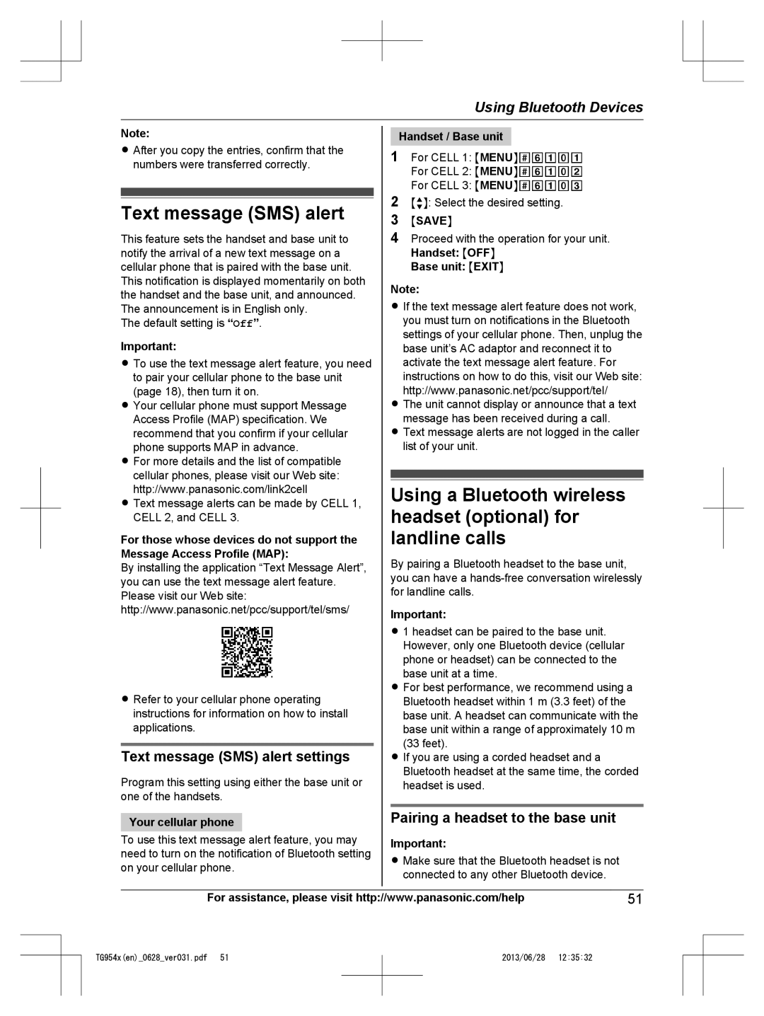 Panasonic KX-TG9541, KX-TG9542 Text message SMS alert settings, Pairing a headset to the base unit 