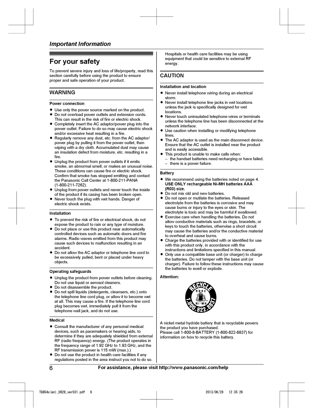 Panasonic KX-TG9542, KX-TG9541 operating instructions For your safety 