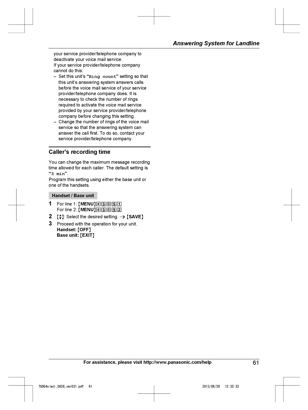 Panasonic KX-TG9541, KX-TG9542 operating instructions Caller’s recording time, Base unit Mexitn 